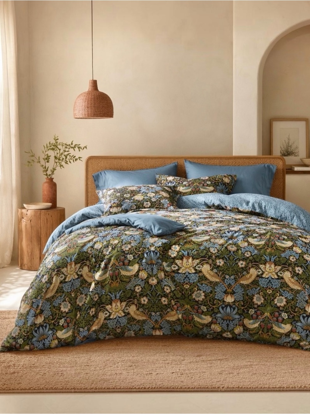 NEW Anthropologie Blue Green Bird Print Boho Queen King Bedding Duvet & Sham Set